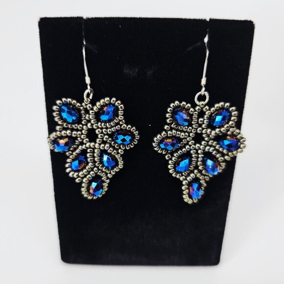 Sterling Silver .925 Electric Blue Beaded Drop French Wire Earrings - Picture 3 of 5